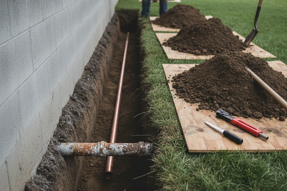 Excavated water line trench during Water Heater Repair in Campbell Hill